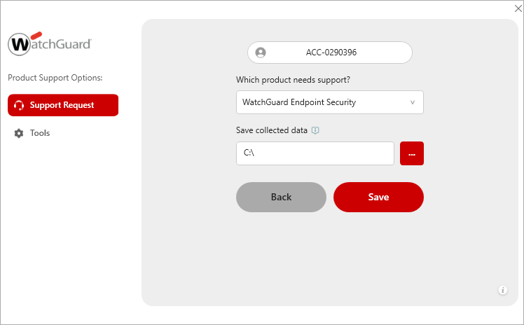 Screen shot of PSInfo, Support Request page, Save data