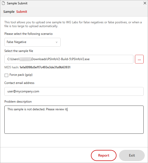 Screen shot of PSInfo Sample Submit page