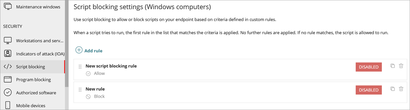 Screen shot of Script Blocking Settings