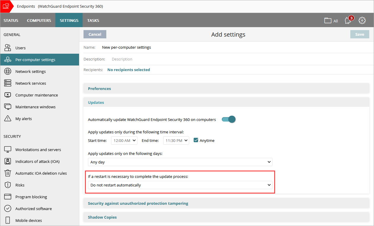 Screenshot of Updates section