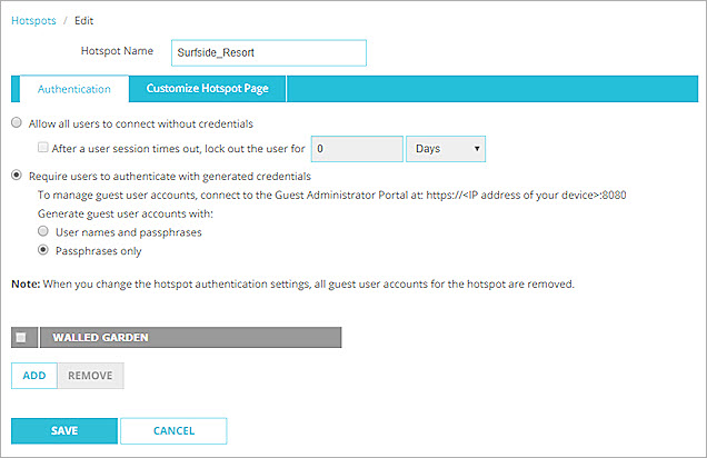 Screen shot of the Authentication tab for a hotspot in Fireware Web UI