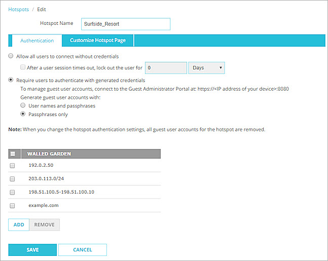 Screen shot of populated Authentication Exceptions list