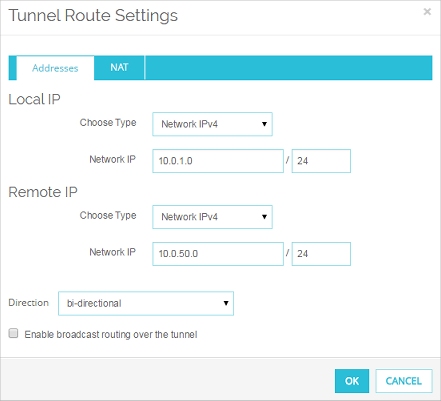 Screen shot of Tunnel Route Settings dialog box, Addresses tab