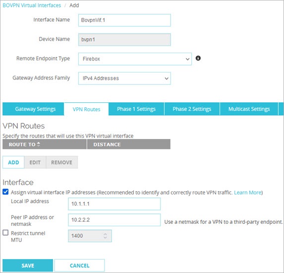 Screen shot of the BOVPN Virtual Interfaces page, VPN Routes tab