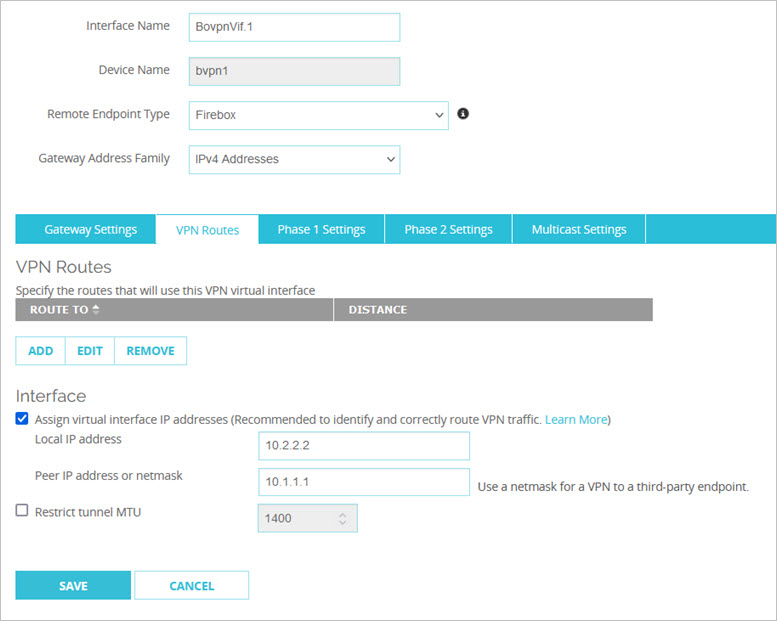 Screen shot of the BOVPN Virtual Interface page, VPN Routes tab