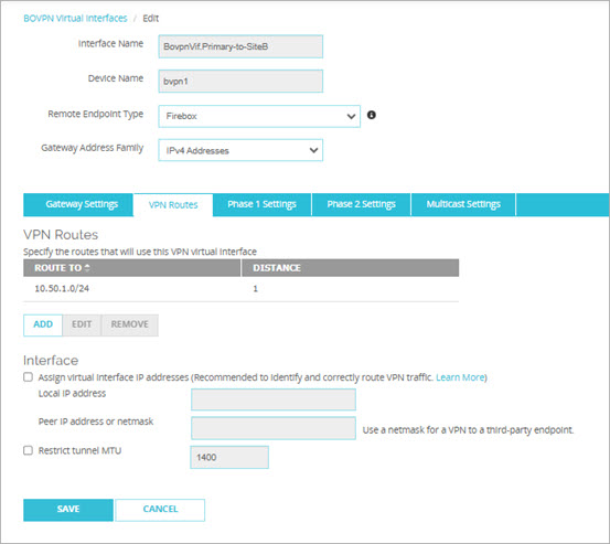 Screen shot of the VPN routes for the primary BOVPN virtual interface on the Site A device