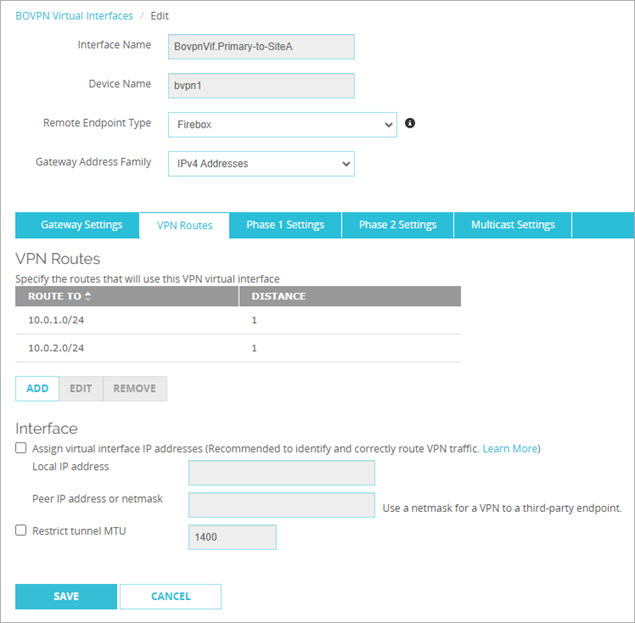 Screen shot of the VPN routes for the primary BOVPN virtual interface on the Site B device