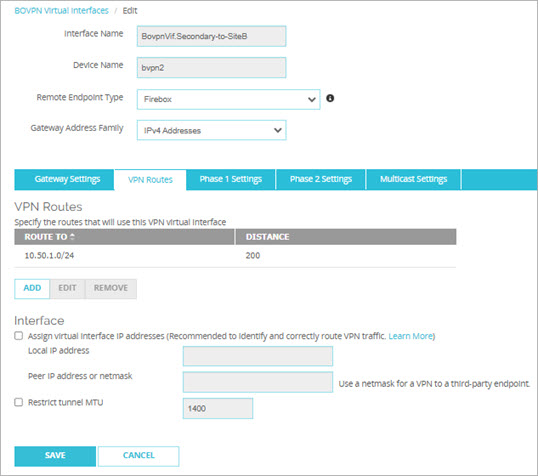 Screen shot of the VPN routes for the secondary BOVPN virtual interface on the Site A device