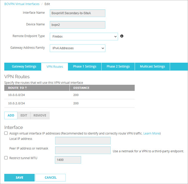 Screen shot of the VPN routes for the secondary BOVPN virtual interface on the Site B device