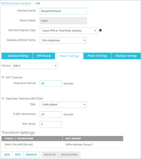 Screen shot of Phase 1 settings