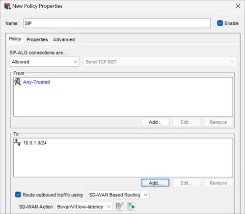 Screen shot of the SIP policy for Site B