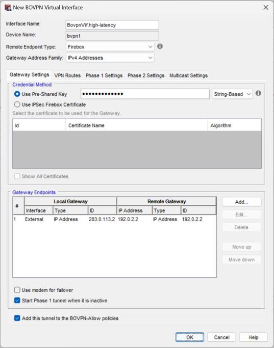 Screen shot of the Site A BOVPN virtual interface for the high latency connection