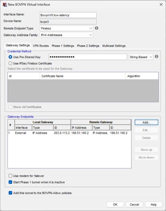 Screen shot of the Site A BOVPN virtual interface for the low latency connection