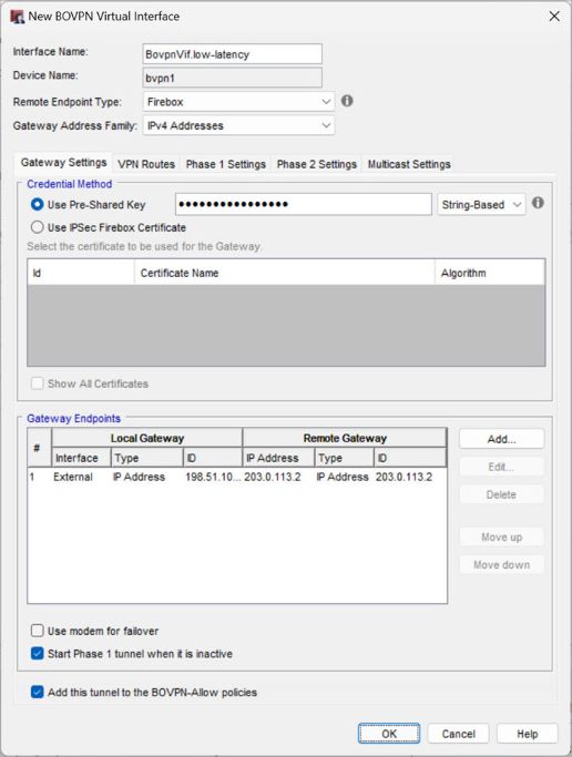 Screen shot of the Site B BOVPN virtual interface for the low latency connection