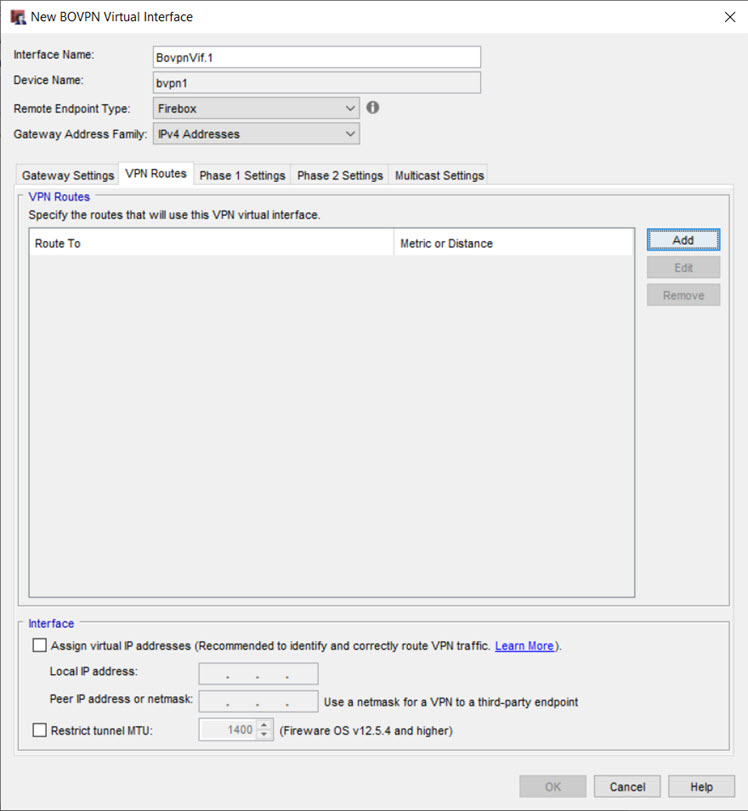 Screen shot of the New BOVPN Virtual Interface dialog box, VPN Routes tab