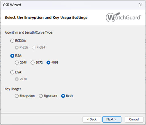 Screenshot of the Certificate Request Wizard, specify algorithm, key length, and key usage screen