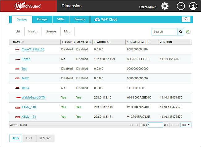 Screen shot of the Devices page