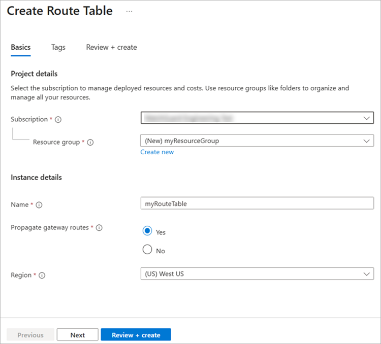 Screenshot of the Create Route Table dialog box in Azure