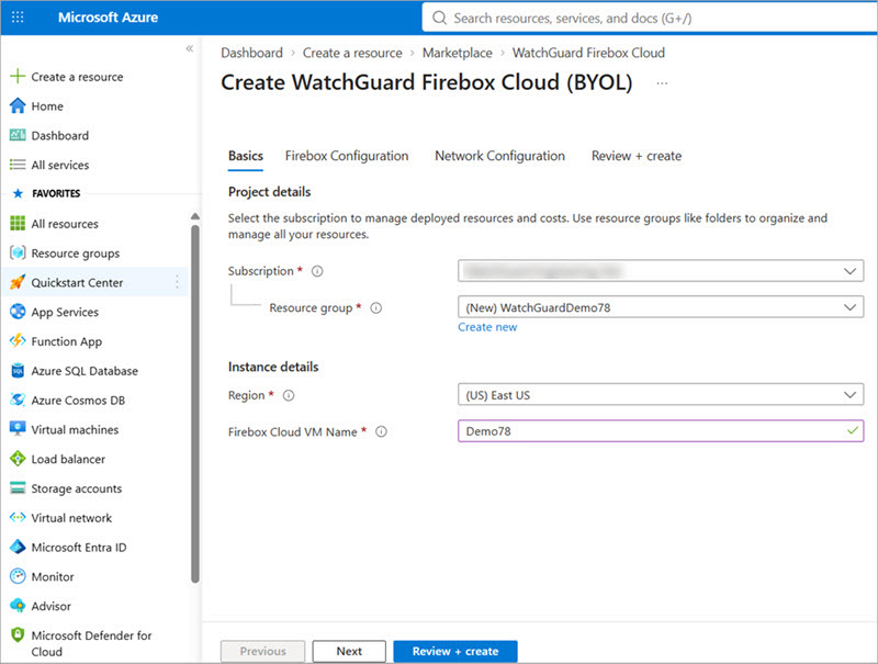 Screenshot of the Firebox Cloud Create a Resource Wizard in Microsoft Azure, Basics tab