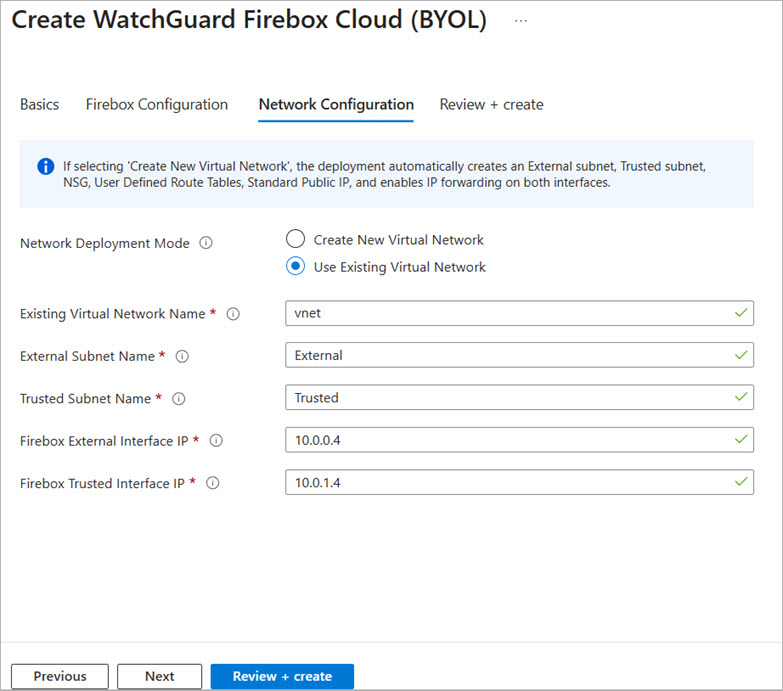 Screenshot of the Firebox Cloud Create a Resource Wizard in Microsoft Azure, Network Configuration tab