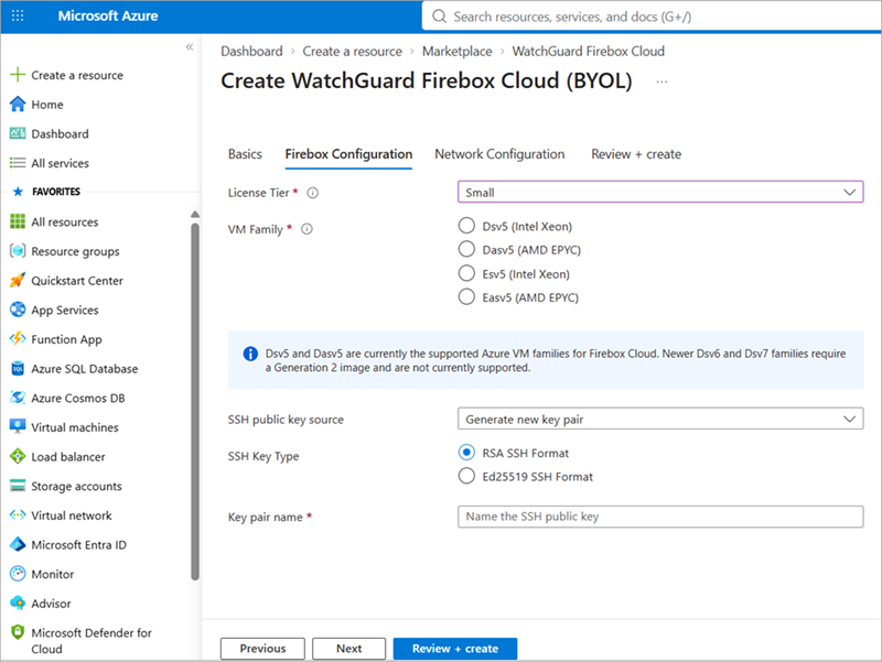 Screenshot of the Firebox Cloud Create a Resource Wizard in Microsoft Azure, Firebox Configuration tab