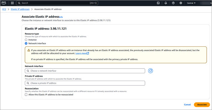 Screen shot of the Associate Elastic IP Address page