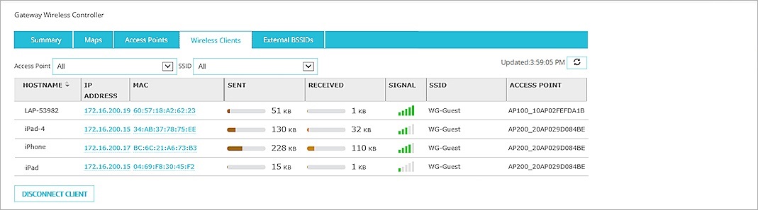 Screen shot of the Gateway Wireless Controller page, Wireless Clients tab