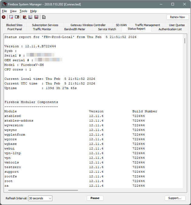 Screen shot of the Firebox System Manager Status Report