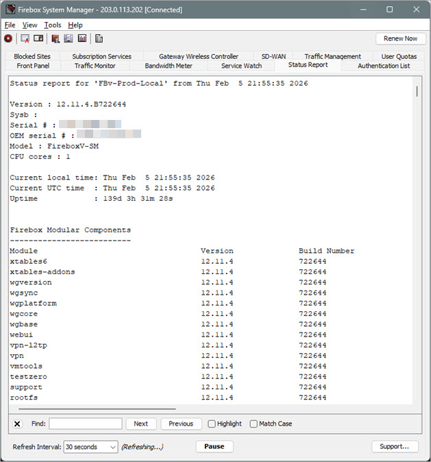 Screen shot of the FSM Status Report tab with the Find field