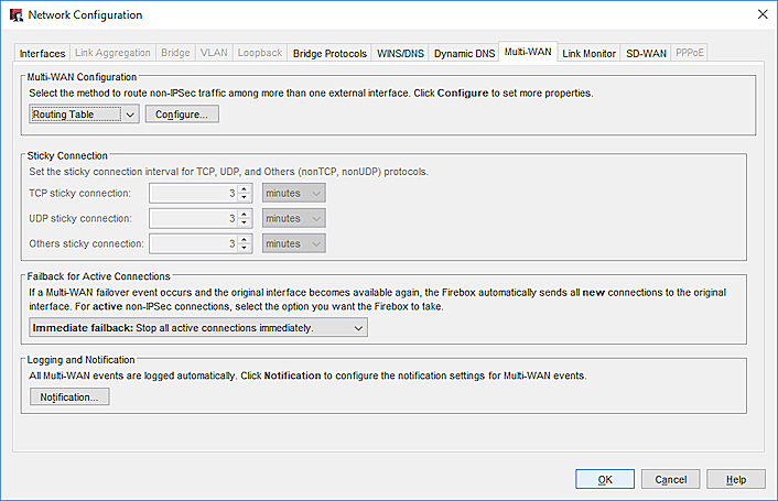 Network Configuration - Multi-WAN tab, Routing Table method selected
