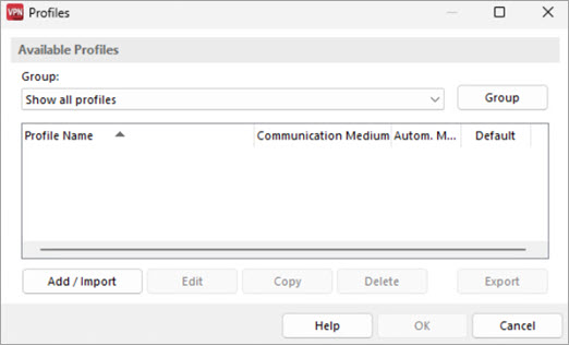 Screen shot of import profile UI