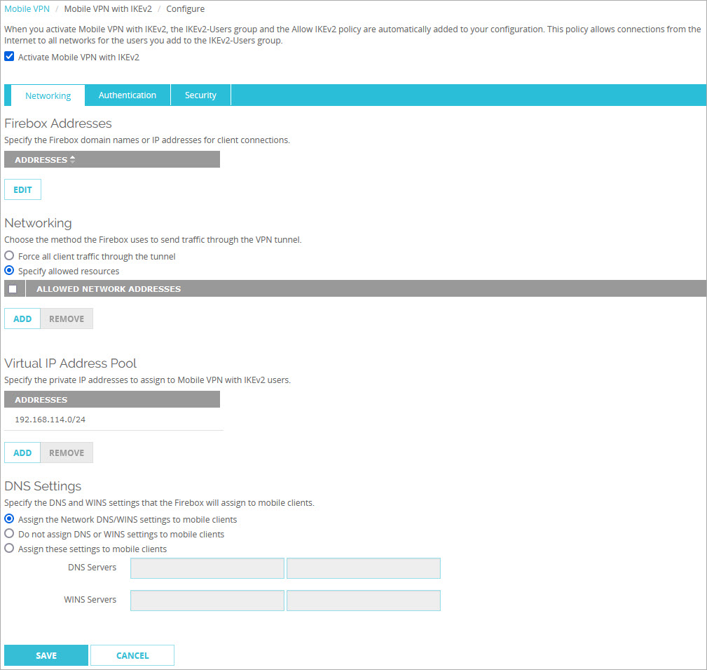 Screen shot of the Networking tab