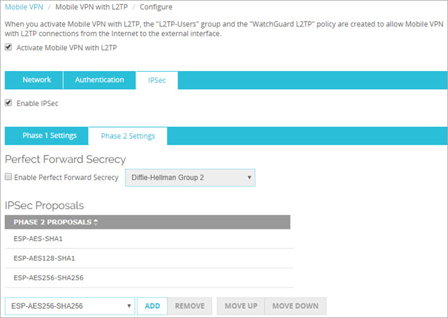 Screen shot of the Mobile VPN with L2TP page, IPSec Phase 2 settings