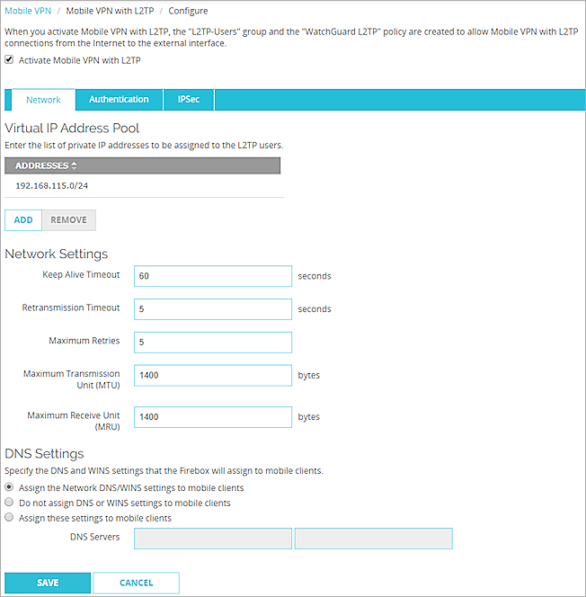 Screen shot of the Mobile VPN with L2TP page, Network tab