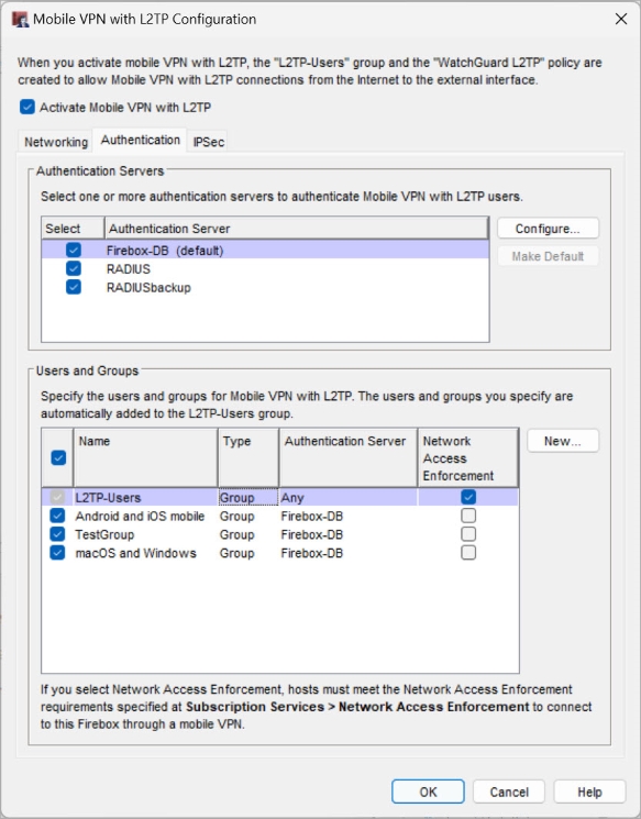 Screen shot of the Mobile VPN with L2TP Authentication tab in Fireware v12.5 or higher