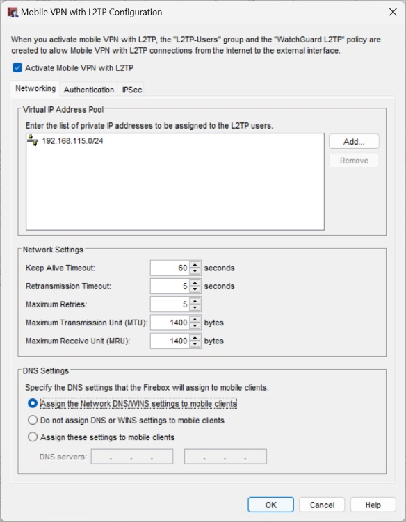 Screen shot of the Mobile VPN with L2TP Configuration dialog box, Networking tab