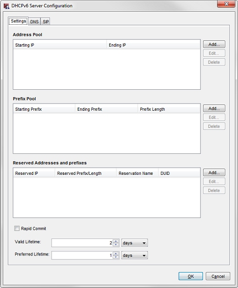 Screen shot of the DHCPv6 Server Configuration dialog box, Settings tab