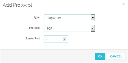 Add Protocol dialog box, with single port and TCP options selected
