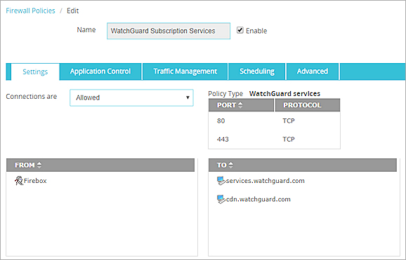 Screen shot of policy for Firebox-generated traffic