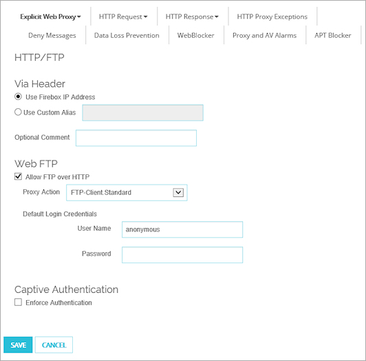 Screen shot of the Explicit Proxy setting page, Proxy Action tab, HTTP/FTP settings 