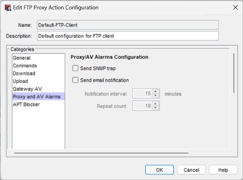 Screen shot of the FTP Proxy and AV Alarms settings in Policy Manager