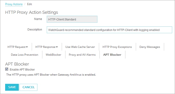 Screen shot of the Edit HTTP-Proxy Action page, APT Blocker settings