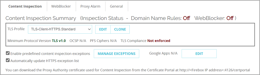 Screenshot of the Content Inspection Summary in Fireware Web UI with Domain Name Rules Off