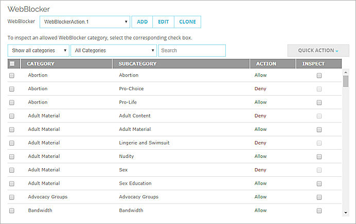 Screenshot of the WebBlocker actions in Fireware Web UI