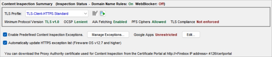 Screenshot of Content Inspection Summary in Policy Manager