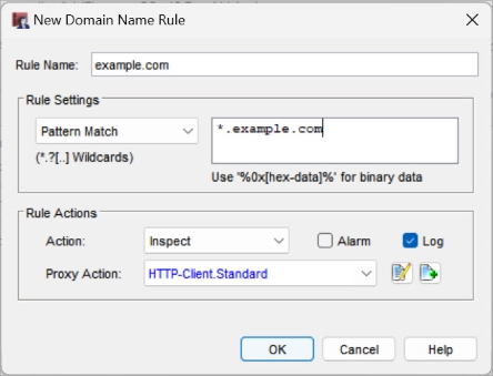 Screen shot of a domain name rule for an HTTPS client proxy action with the Inspect action in Policy Manager