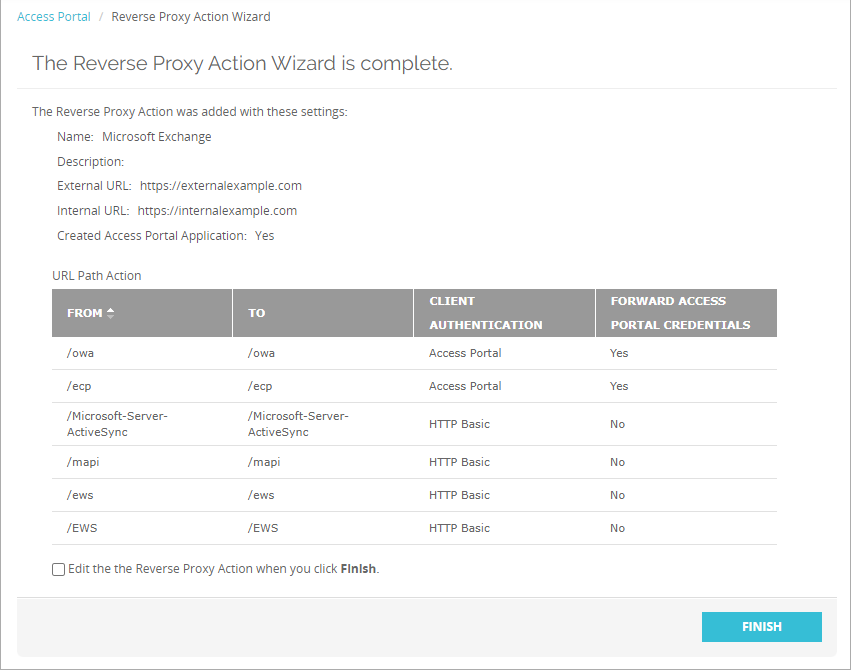 Screenshot that shows the last page of the Reverse Proxy Action wizard, with all settings visible.
