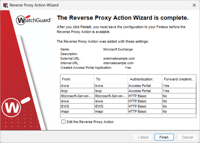 Screenshot of the Reverse Proxy Action Wizard complete page