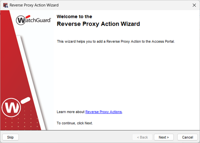 Screenshot that shows the first page of the Reverse Proxy Action wizard.