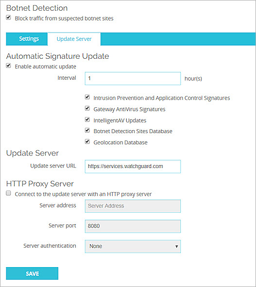 Screen shot of the Update Server page